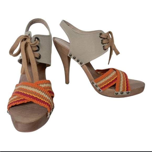 Stella McCartney Brown Multi Fabric Platform Ankle Tie Sandals Size 39 - Picture 3 of 9